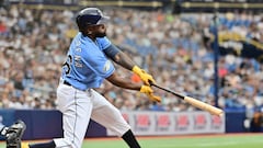 ST PETERSBURG, FLORIDA - AUGUST 27: Randy Arozarena #56 of the Tampa Bay Rays hits a single in the first inning against the New York Yankees at Tropicana Field on August 27, 2023 in St Petersburg, Florida.   Julio Aguilar/Getty Images/AFP (Photo by Julio Aguilar / GETTY IMAGES NORTH AMERICA / Getty Images via AFP)