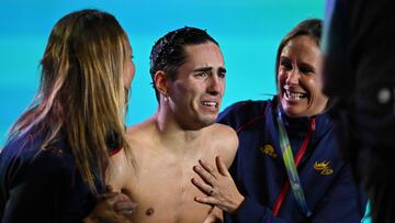 Spain's Dennis Gonzalez Boneu reacts after competing in the final of the men's solo free artistic swimming event during the 2024 World Aquatics Championships at Aspire Dome in Doha on February 7, 2024. (Photo by Manan VATSYAYANA / AFP)