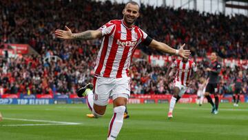 Jesé, celebra un gol con el Stoke City.