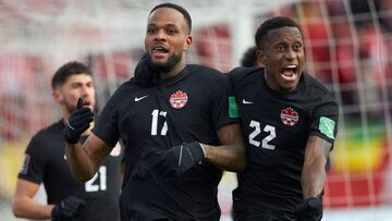 Cyle Larin (L), celebrates his first half goal with Richie Lareya during the World Cup qualifying match between Canada and the United States 