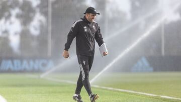 Eduardo Coudet camina sobre el c&eacute;sped del campo principal de la ciudad deportiva del club celeste.