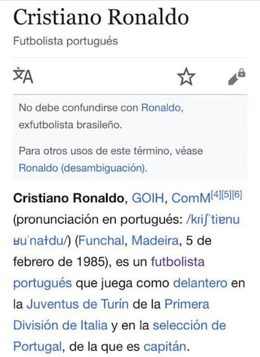 Wikipedia ya sit¨²a a Cristiano como jugador de la Juventus