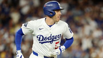LOS ANGELES, CALIFORNIA - OCTOBER 17: Freddie Freeman #5 of the Los Angeles Dodgers runs to first base for a single during the third inning against the Milwaukee Brewers in game four of the National League Championship Series at Dodger Stadium on October 17, 2025 in Los Angeles, California. Sean M. Haffey/Getty Images/AFP (Photo by Sean M. Haffey / GETTY IMAGES NORTH AMERICA / Getty Images via AFP)