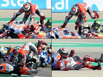 Jorge Lorenzo perdi車 el control de su moto en la primera curva del Gran Premio Premio de Arag車n y abandon車 la carrera tras una aparatosa ca赤da.