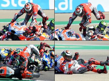 Jorge Lorenzo perdió el control de su moto en la primera curva del Gran Premio Premio de Aragón y abandonó la carrera tras una aparatosa caída.