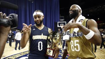 Feb 17, 2017; New Orleans, LA, NBA former player Baron Davis and NBA former player Brandon Armstrong react after the All-Star Celebrity Game at Mercedes-Benz Superdome. Mandatory Credit: Derick E. Hingle-USA TODAY Sports