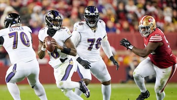 SANTA CLARA, CALIFORNIA - DECEMBER 25: Lamar Jackson #8 of the Baltimore Ravens attempts a pass during the third quarter against the San Francisco 49ers at Levi's Stadium on December 25, 2023 in Santa Clara, California.   Thearon W. Henderson/Getty Images/AFP (Photo by Thearon W. Henderson / GETTY IMAGES NORTH AMERICA / Getty Images via AFP)