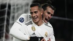 Real Madrid&#039;s Welsh forward Gareth Bale (Rear) and Real Madrid&#039;s Spanish midfielder Lucas Vazquez celebrate after Vazquez scored 2-0 during the UEFA Champions League group G football match AS Rome vs Real Madrid on November 27, 2018 at the Olymp