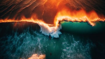 Una ola rompe sobre dos surfistas y sus tablas de surf, en una playa y un mar inventados por la inteligencia artificial, al atardecer.