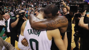 BOSTON, MA - MAY 27: LeBron James #23 of the Cleveland Cavaliers talks with Jayson Tatum #0 of the Boston Celtics after the Cleveland Cavaliers defeated the Boston Celtics 87-79 in Game Seven of the 2018 NBA Eastern Conference Finals to advance to the 2018 NBA Finals at TD Garden on May 27, 2018 in Boston, Massachusetts. NOTE TO USER: User expressly acknowledges and agrees that, by downloading and or using this photograph, User is consenting to the terms and conditions of the Getty Images License Agreement.   Maddie Meyer/Getty Images/AFP
 == FOR NEWSPAPERS, INTERNET, TELCOS &amp; TELEVISION USE ONLY ==