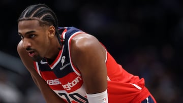 WASHINGTON, DC - NOVEMBER 17: Alexandre Sarr #20 of the Washington Wizards looks on against the Detroit Pistons during the first half at Capital One Arena on November 17, 2024 in Washington, DC. NOTE TO USER: User expressly acknowledges and agrees that, by downloading and or using this photograph, User is consenting to the terms and conditions of the Getty Images License Agreement. Patrick Smith/Getty Images/AFP (Photo by Patrick Smith / GETTY IMAGES NORTH AMERICA / Getty Images via AFP)