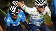 Alejandro Valverde y Enric Mas, del Movistar, ruedan durante la quinta etapa de la Vuelta a Espa&ntilde;a 2020 entre Huesca y Sabi&ntilde;&aacute;nigo.
 