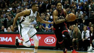 MILWAUKEE, WI - APRIL 27: DeMar DeRozan #10 of the Toronto Raptors dribbles the ball while being guarded by Giannis Antetokounmpo #34 of the Milwaukee Bucks in the fourth quarter in Game Six of the Eastern Conference Quarterfinals during the 2017 NBA Playoffs at BMO Harris Bradley Center on April 27, 2017 in Milwaukee, Wisconsin. NOTE TO USER: User expressly acknowledges and agrees that, by downloading and or using this photograph, User is consenting to the terms and conditions of the Getty Images License Agreement.   Dylan Buell/Getty Images/AFP
 == FOR NEWSPAPERS, INTERNET, TELCOS &amp; TELEVISION USE ONLY ==