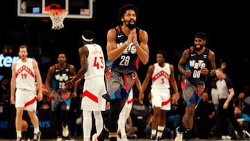 Spencer Dinwiddie #26 of the Brooklyn Nets reacts after scoring during the first half of an NBA In-Season Tournament game against the Toronto Raptors at Barclays Center on November 28, 2023 in the Brooklyn borough of New York City.