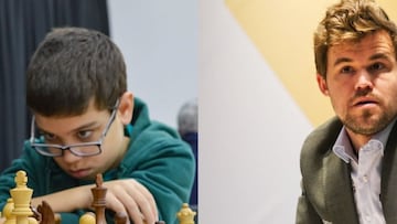 Faustino Oro y Magnus Carlsen.