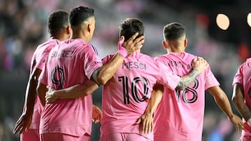 Inter Miami's Argentine forward #10 Lionel Messi celebrates scoring his team's third goal with teammates during the Major League Soccer (MLS) playoff football match between Inter Miami and Nashville SC at Chase Stadium in Fort Lauderdale, Florida on October 24, 2025. (Photo by Chandan Khanna / AFP)