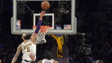 Nov 11, 2018; Los Angeles, CA, USA; Los Angeles Lakers center Tyson Chandler (5) blocks the shot of Atlanta Hawks guard Trae Young (11) to end the game and seal the 107-106 win at Staples Center. Mandatory Credit: Jake Roth-USA TODAY Sports