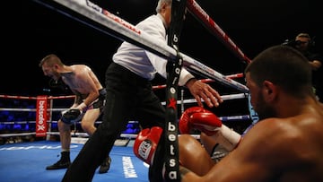 Sam Eggington saca a Ferino del ring en el d&eacute;cimo asalto de su combate por el EBU del w&eacute;lter. 