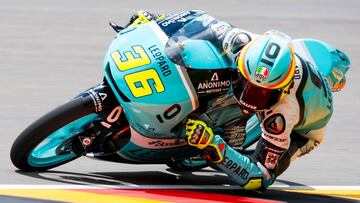Spanish Honda rider Joan Mir steers his bike during the second training session of the Moto Grand Prix of Germany at the Sachsenring Circuit on June 30, 2017 in Hohenstein-Ernstthal, eastern Germany. / AFP PHOTO / Robert MICHAEL