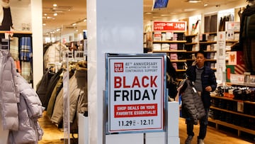 A sign stands inside the Roosevelt Mall during Black Friday sales event in Garden City, New York, U.S., November 29, 2024. REUTERS/Shannon Stapleton