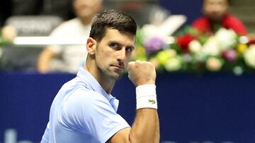 Tennis - ATP 500 - Astana Open - National Tennis Center, Astana, Kazakhstan - October 9, 2022 Serbia's Novak Djokovic reacts during the men's singles final against Greece's Stefanos Tsitsipas REUTERS/Pavel Mikheyev