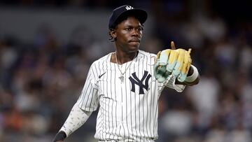 NEW YORK, NEW YORK - AUGUST 02: Jazz Chisholm Jr. #13 of the New York Yankees walks to the dugout after the sixth inning against the Toronto Blue Jays at Yankee Stadium on August 02, 2024 in New York City. Jim McIsaac/Getty Images/AFP (Photo by Jim McIsaac / GETTY IMAGES NORTH AMERICA / Getty Images via AFP)