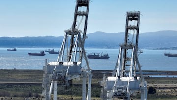 OAKLAND, CALIFORNIA - MARCH 02: In an aerial view, container ships sit idle in the San Francisco Bay just outside of the Port of Oakland on March 02, 2023 in Oakland, California. Global ocean shipping companies are facing declines as exports slow and freight rates drop. (Photo by Justin Sullivan/Getty Images)