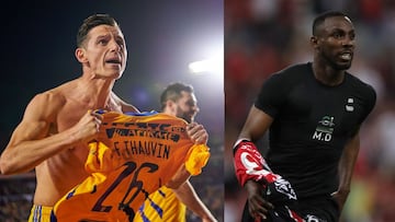Florian Thauvin (izq) y Julián Quiñones (der) festejan sus goles en los Clásicos