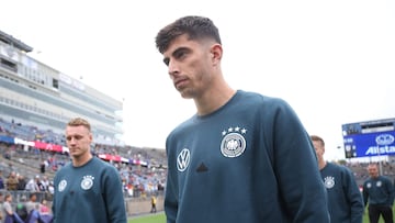 EAST HARTFORD, CONNECTICUT - OCTOBER 14: Kai Havertz of Germany inspects the pitch prior to the international friendly match between Germany and United States at Pratt & Whitney Stadium on October 14, 2023 in East Hartford, Connecticut.   Alex Grimm/Getty Images/AFP (Photo by ALEX GRIMM / GETTY IMAGES NORTH AMERICA / Getty Images via AFP)