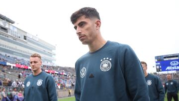 EAST HARTFORD, CONNECTICUT - OCTOBER 14: Kai Havertz of Germany inspects the pitch prior to the international friendly match between Germany and United States at Pratt & Whitney Stadium on October 14, 2023 in East Hartford, Connecticut.   Alex Grimm/Getty Images/AFP (Photo by ALEX GRIMM / GETTY IMAGES NORTH AMERICA / Getty Images via AFP)