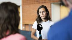 Prime Minister of Finland Sanna Marin answers journalists' questions  in Kuopio, Finland.