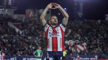 Sebatsie Salles-Lamonge celebrate this goal 1-1 of San Luis during the 12th round match between Atletico de San Luis vs Leon as part of the Liga BBVA MX Varonil, Torneo Clausura 2026 at Alfonso Lastras Stadium, on March 21, 2026 in San Luis Potosi, Mexico.
