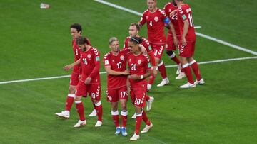 Soccer Football - World Cup - Group C - Peru vs Denmark - Mordovia Arena, Saransk, Russia - June 16, 2018 Denmark's Yussuf Poulsen celebrates scoring their first goal with team mates REUTERS/Ricardo Moraes