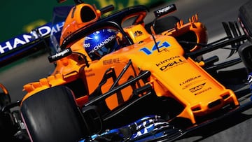MONTREAL, QC - JUNE 09: Fernando Alonso of Spain driving the (14) McLaren F1 Team MCL33 Renault on track during final practice for the Canadian Formula One Grand Prix at Circuit Gilles Villeneuve on June 9, 2018 in Montreal, Canada.   Mark Thompson/Getty Images/AFP
 == FOR NEWSPAPERS, INTERNET, TELCOS &amp; TELEVISION USE ONLY ==