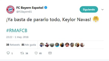El Twitter del Bayern: "¡Basta ya de pararlo todo, Keylor Navas!"