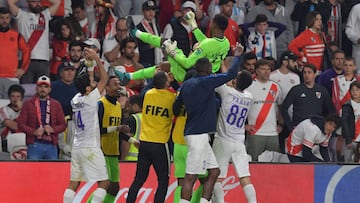 Al Ain&#039;s players celebrate after winning the semi final football match of the FIFA Club World Cup 2018 tournament between Argentina&#039;s River Plate and Abu Dhabi&#039;s Al Ain at the Hazza Bin Zayed Stadium in Abu Dhabi, the capital of the United 