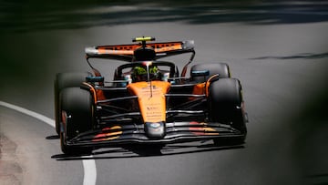 McLaren's British driver Lando Norris races during the third practice session for the 2025 Formula 1 Grand Prix du Canada at Circuit Gilles-Villeneuve in Montreal, Canada, on June 14, 2025. (Photo by Geoff Robins / AFP)