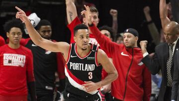 Feb 7, 2019; Portland, OR, USA; Portland Trail Blazers guard CJ McCollum (3) celebrates after scoring a three point basket during the second half against the San Antonio Spurs at Moda Center. The Trail Blazers beat the Spurs 127-118.  Mandatory Credit: Troy Wayrynen-USA TODAY Sports