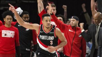 Feb 7, 2019; Portland, OR, USA; Portland Trail Blazers guard CJ McCollum (3) celebrates after scoring a three point basket during the second half against the San Antonio Spurs at Moda Center. The Trail Blazers beat the Spurs 127-118.  Mandatory Credit: Troy Wayrynen-USA TODAY Sports