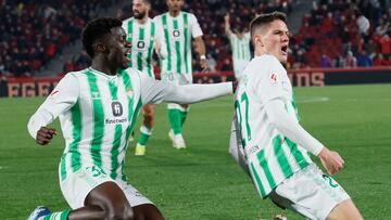 PALMA DE MALLORCA (BALEARES), 27/01/2024.-Los jugadores del Real Betis celebran el gol de su equipo, anotado por Sergi Altimira (d) durante el partido de LaLiga correspondiente a la jornada 22, que este s¨¢bado disputan RCD Mallorca y Real Betis en el estadio de Son Moix .- EFE/CATI CLADERA