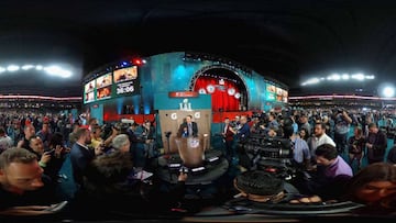 HOUSTON, TX - JANUARY 30: (EDITOR'S NOTE: Image was created as an Equirectangular Panorama. Import image into a panoramic player to create an interactive 360 degree view.) Head coach Bill Belichick of the New England Patriots speaks with the media during Super Bowl 51 Opening Night at Minute Maid Park on January 30, 2017 in Houston, Texas. Travis Lindquist/Getty Images/AFP
== FOR NEWSPAPERS, INTERNET, TELCOS & TELEVISION USE ONLY ==