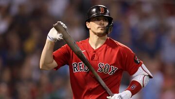 BOSTON, MASSACHUSETTS - AUGUST 24: Enrique Hernandez #5 of the Boston Red Sox reacts after striking out during the eighth inning against the Toronto Blue Jays at Fenway Park on August 24, 2022 in Boston, Massachusetts.   Maddie Meyer/Getty Images/AFP
== FOR NEWSPAPERS, INTERNET, TELCOS & TELEVISION USE ONLY ==