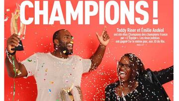 Los judokas Teddy Riner y Emilie And&eacute;ol celebran en la portada de L&acute;&Eacute;quipe del 26 de diciembre el t&iacute;tulo de &quot;campe&oacute;n de campeones&quot;. 