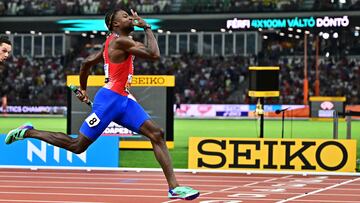 Athletics - World Athletics Championship - Men's 4x100m Final - National Athletics Centre, Budapest, Hungary - August 26, 2023 Noah Lyles of the U.S. reacts after crossing the line to win the men's 4x100m final REUTERS/Marton Monus