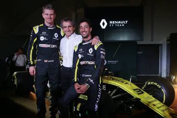 Nico Hulkenberg, Alain Prost y Daniel Ricciardo durante la presentaci&oacute;n de Renault F1 en 2019.