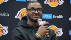 Jul 2, 2024; El Segundo, CA, USA; Los Angeles Lakers second round draft pick Bronny James at a press conference at the UCLA Health Training Center. Mandatory Credit: Kirby Lee-USA TODAY Sports