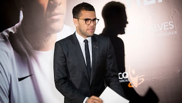 FC Barcelona's Dani Alves duing his press conference as new ambassador against the Hepatitis C for the Egyptian pharmaceutical company Pharco at the Camp Nou Stadium in Barcelona, Spain, on May 24, 2016 (Photo by Miquel Llop/NurPhoto via Getty Images)