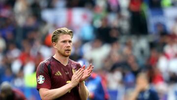 Dusseldorf (Germany), 01/07/2024.- Kevin de Bruyne of Belgium reacts after losing the UEFA EURO 2024 Round of 16 soccer match between France and Belgium, in Dusseldorf, Germany, 01 July 2024. (Bélgica, Francia, Alemania) EFE/EPA/CHRISTOPHER NEUNDORF
