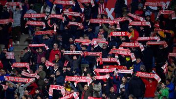 Girona's supporters celebrate victory at the end of the Spanish league football match between Girona FC and Club Atletico de Madrid at the Montilivi stadium in Girona on January 3, 2024. Girona won 4-3. (Photo by Pau BARRENA / AFP)