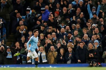Manchester City's Brahim Díaz celebrates his first goal against Fulham.